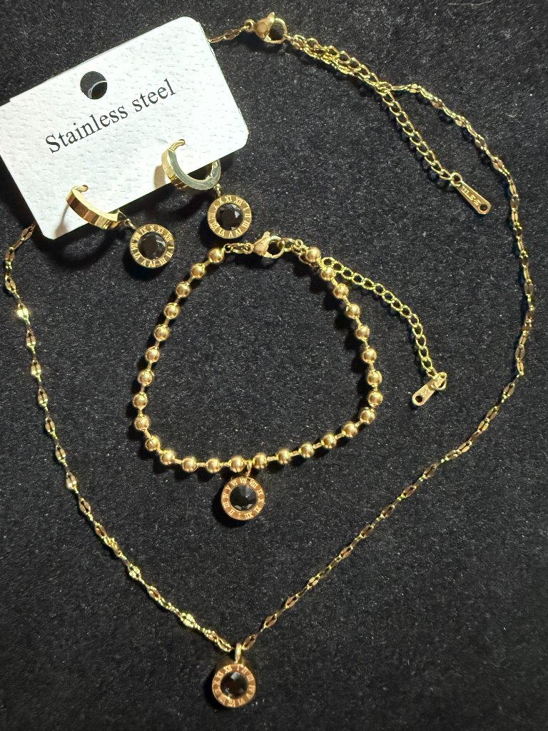 Nwot 18k Gold Roman Numeral Black Crystal 3pc Set 316l